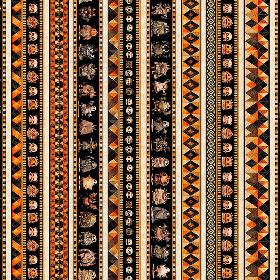 Image of A Haunting We Will Go Halloween Monster Border Stripe Multi quilting cotton fabric by Morris Creative Group for QT Fabrics. Features halloween stripes on a black and orange background. Cute Little Fabric Shop.