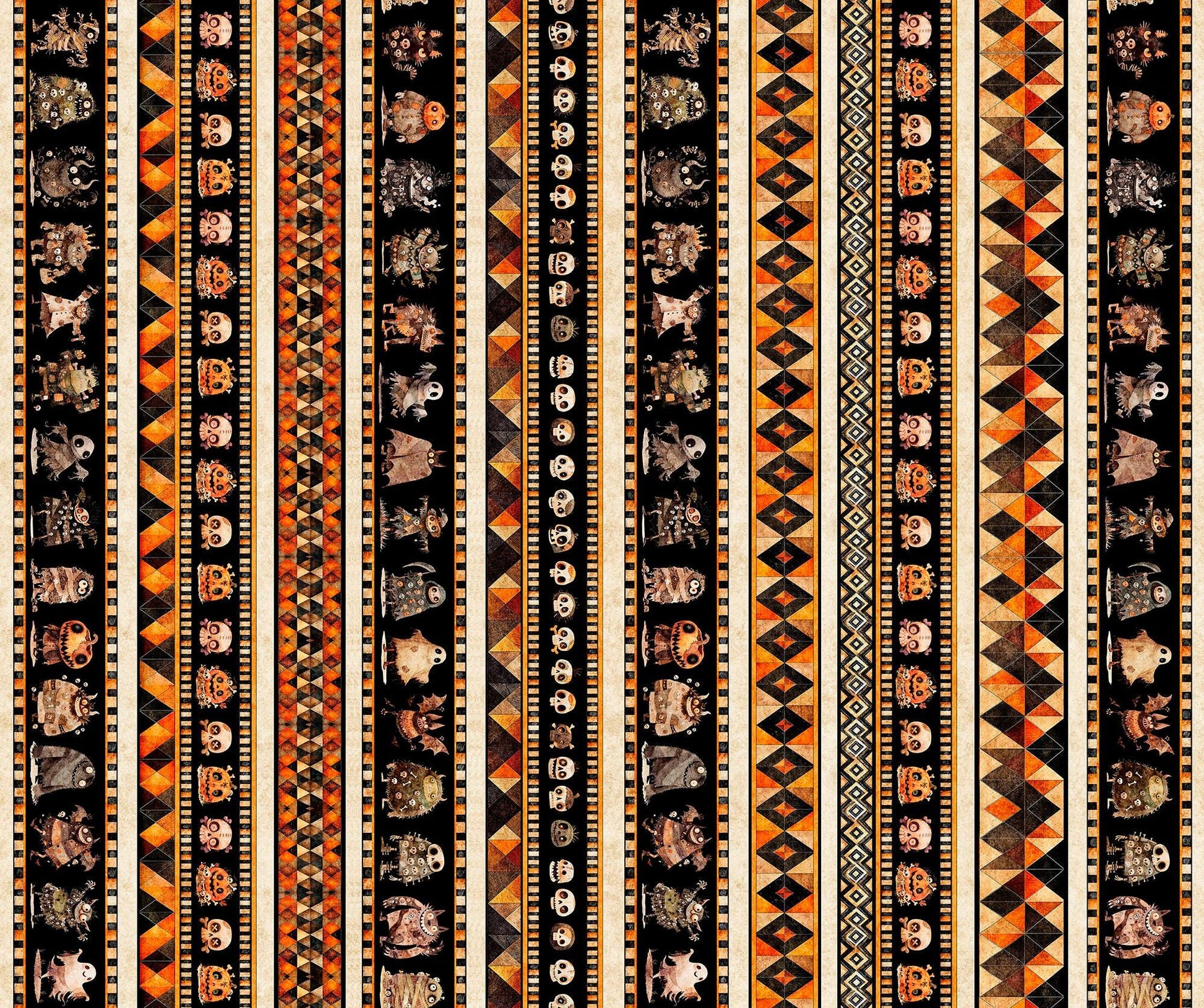 Image of A Haunting We Will Go Halloween Monster Border Stripe Multi quilting cotton fabric by Morris Creative Group for QT Fabrics. Features halloween stripes on a black and orange background. Cute Little Fabric Shop.