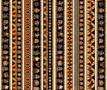 Image of A Haunting We Will Go Halloween Monster Border Stripe Multi quilting cotton fabric by Morris Creative Group for QT Fabrics. Features halloween stripes on a black and orange background. Cute Little Fabric Shop.