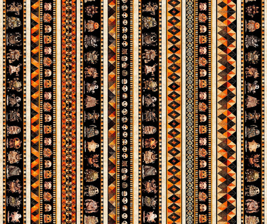 Image of A Haunting We Will Go Halloween Monster Border Stripe Multi quilting cotton fabric by Morris Creative Group for QT Fabrics. Features halloween stripes on a black and orange background. Cute Little Fabric Shop.