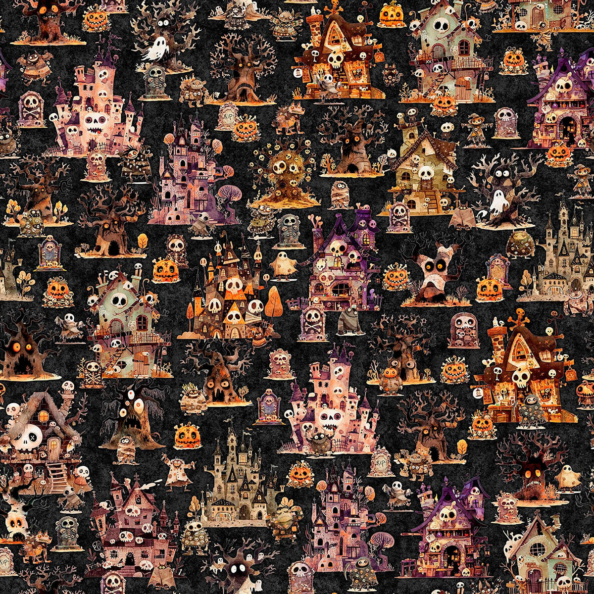 Image of A Haunting We Will Go Haunted Landscape Charcoal quilting cotton fabric by Morris Creative Group for QT Fabrics. Features houses on a black background. Cute Little Fabric Shop.