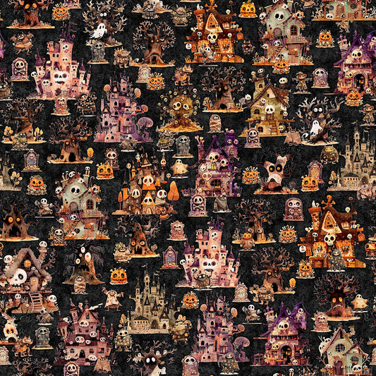 Image of A Haunting We Will Go Haunted Landscape Charcoal quilting cotton fabric by Morris Creative Group for QT Fabrics. Features houses on a black background. Cute Little Fabric Shop.