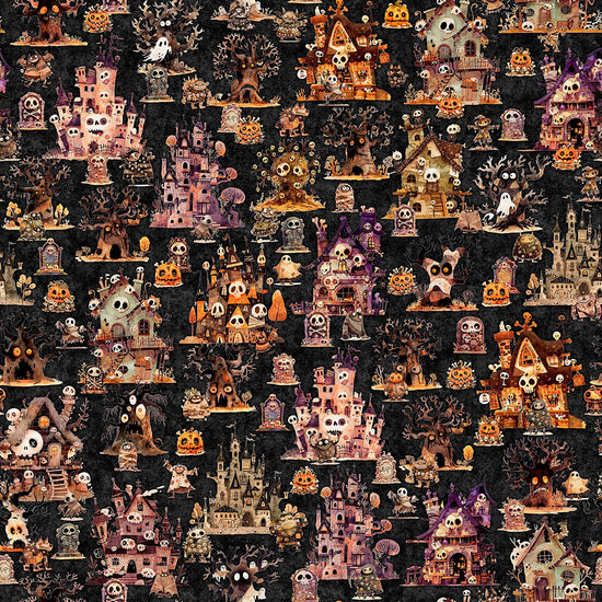 Image of A Haunting We Will Go Haunted Landscape Charcoal quilting cotton fabric by Morris Creative Group for QT Fabrics. Features houses on a black background. Cute Little Fabric Shop.