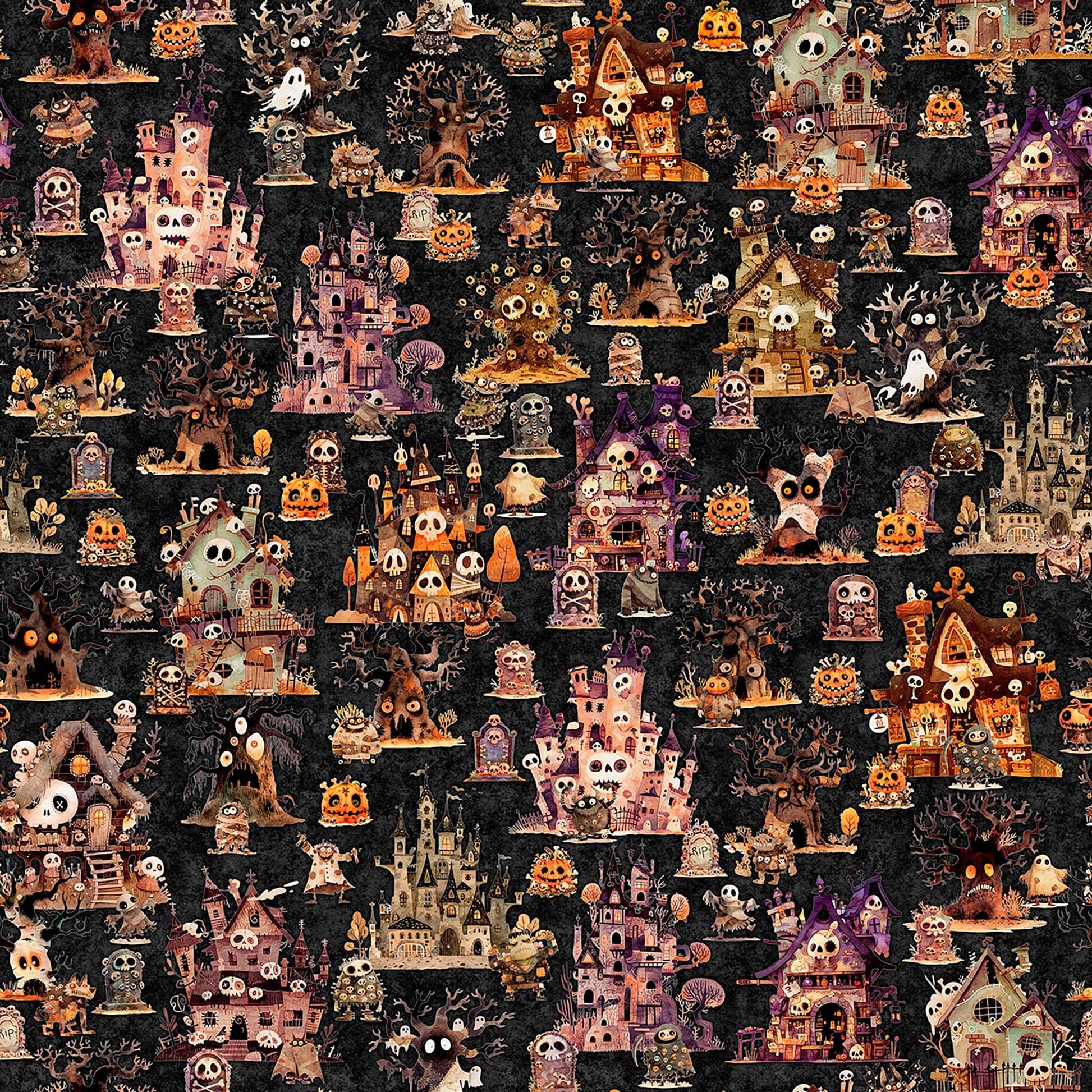 Image of A Haunting We Will Go Haunted Landscape Charcoal quilting cotton fabric by Morris Creative Group for QT Fabrics. Features houses on a black background. Cute Little Fabric Shop.