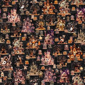 Image of A Haunting We Will Go Haunted Landscape Charcoal quilting cotton fabric by Morris Creative Group for QT Fabrics. Features houses on a black background. Cute Little Fabric Shop.