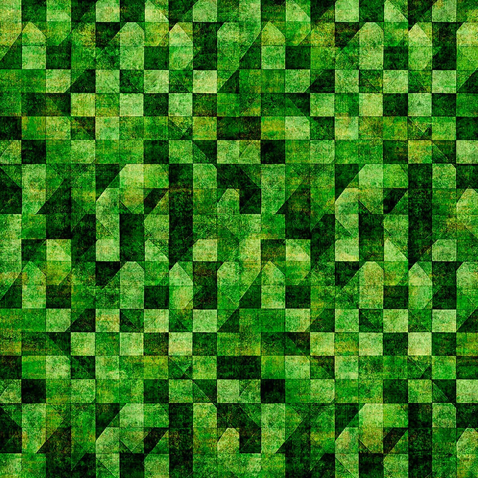 Image of A Haunting We Will Go Checkboard Geo Kelly Green quilting cotton fabric by Morris Creative Group for QT Fabrics. Features a geometric pattern on a green background. Cute Little Fabric Shop.