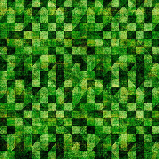 Image of A Haunting We Will Go Checkboard Geo Kelly Green quilting cotton fabric by Morris Creative Group for QT Fabrics. Features a geometric pattern on a green background. Cute Little Fabric Shop.