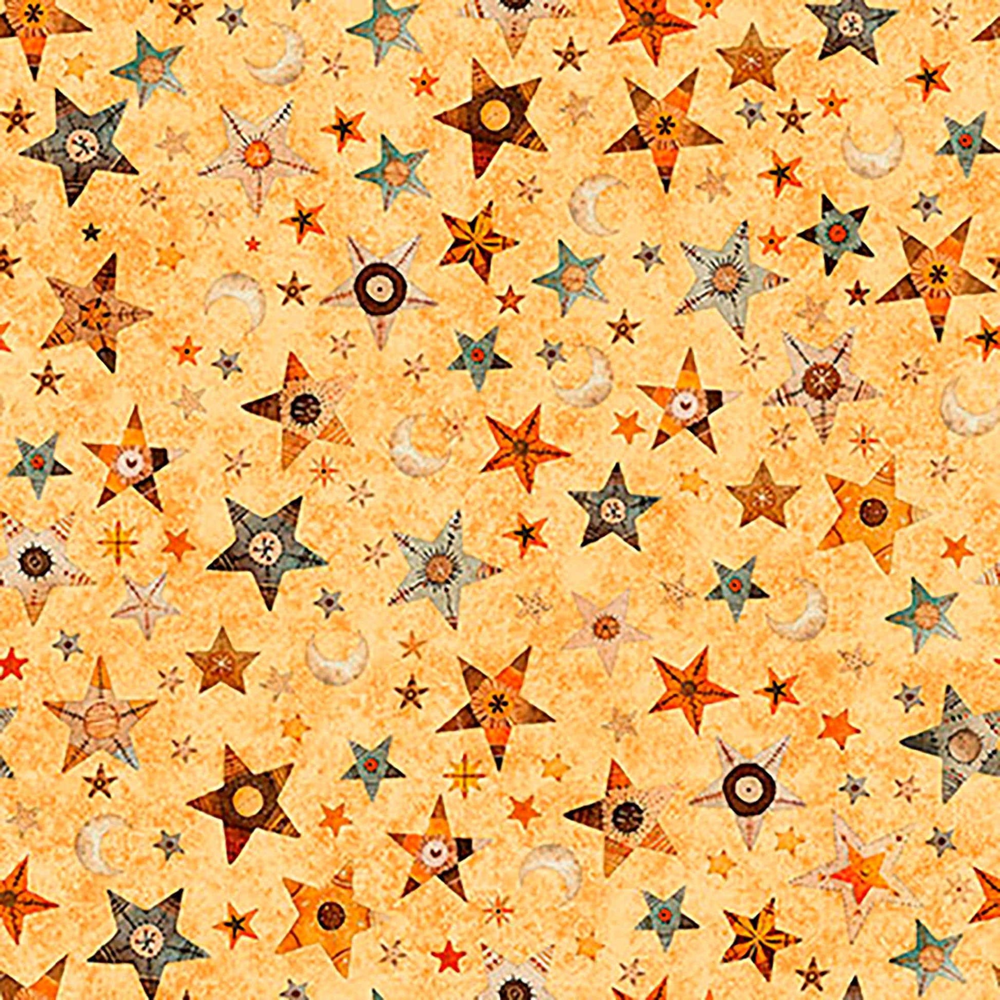 Image of A Haunting We Will Go Stars & Moon Light Orange quilting cotton fabric by Morris Creative Group for QT Fabrics. Features stars and moons on an orange background. Cute Little Fabric Shop.