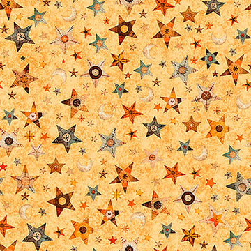Image of A Haunting We Will Go Stars & Moon Light Orange quilting cotton fabric by Morris Creative Group for QT Fabrics. Features stars and moons on an orange background. Cute Little Fabric Shop.