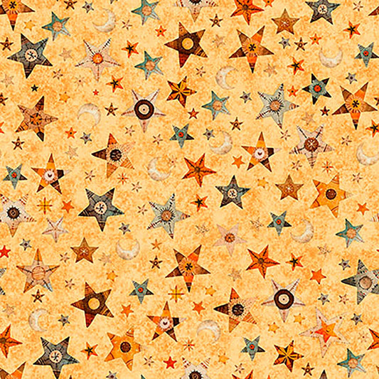 Image of A Haunting We Will Go Stars & Moon Light Orange quilting cotton fabric by Morris Creative Group for QT Fabrics. Features stars and moons on an orange background. Cute Little Fabric Shop.