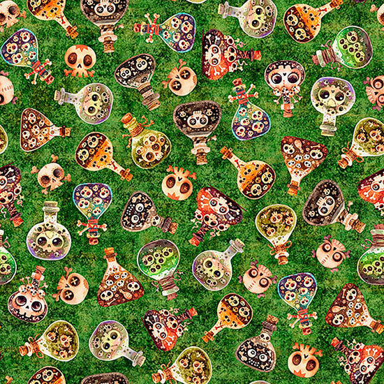 Image of A Haunting We Will Go Potions Green quilting cotton fabric by Morris Creative Group for QT Fabrics. Features potions and skulls on a green background. Cute Little Fabric Shop.
