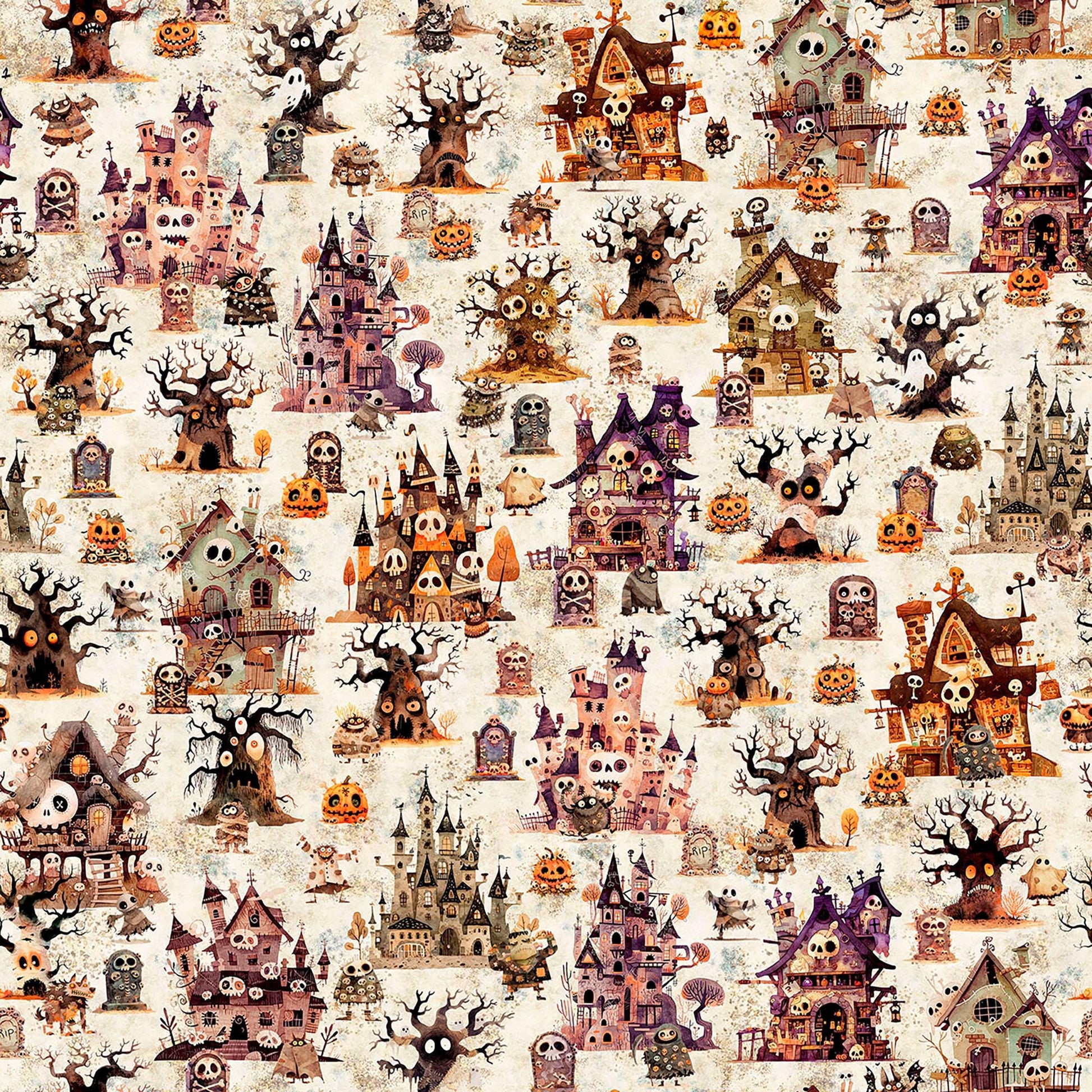 Image of A Haunting We Will Go Haunted Landscape Oatmeal quilting cotton fabric by Morris Creative Group for QT Fabrics. Features houses on a cream background. Cute Little Fabric Shop.