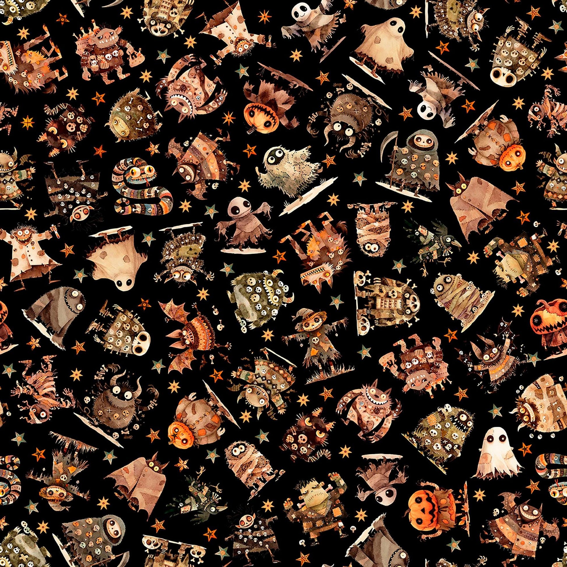 Image of A Haunting We Will Go Monster Toss Charcoal quilting cotton fabric by Morris Creative Group for QT Fabrics. Features halloween monsters on a black background. Cute Little Fabric Shop.