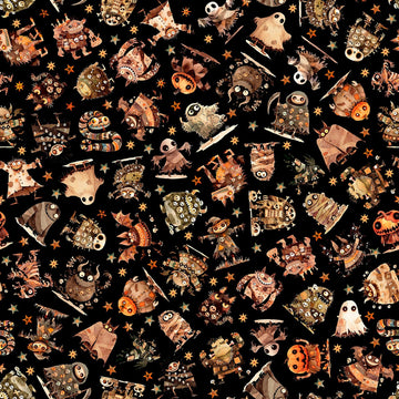Image of A Haunting We Will Go Monster Toss Charcoal quilting cotton fabric by Morris Creative Group for QT Fabrics. Features halloween monsters on a black background. Cute Little Fabric Shop.