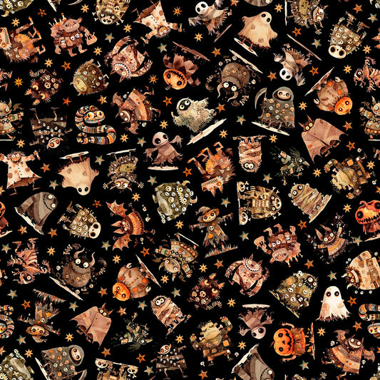 Image of A Haunting We Will Go Monster Toss Charcoal quilting cotton fabric by Morris Creative Group for QT Fabrics. Features halloween monsters on a black background. Cute Little Fabric Shop.