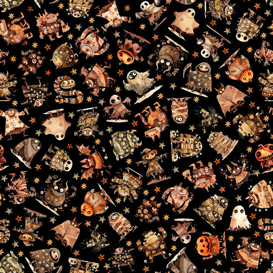 Image of A Haunting We Will Go Monster Toss Charcoal quilting cotton fabric by Morris Creative Group for QT Fabrics. Features halloween monsters on a black background. Cute Little Fabric Shop.