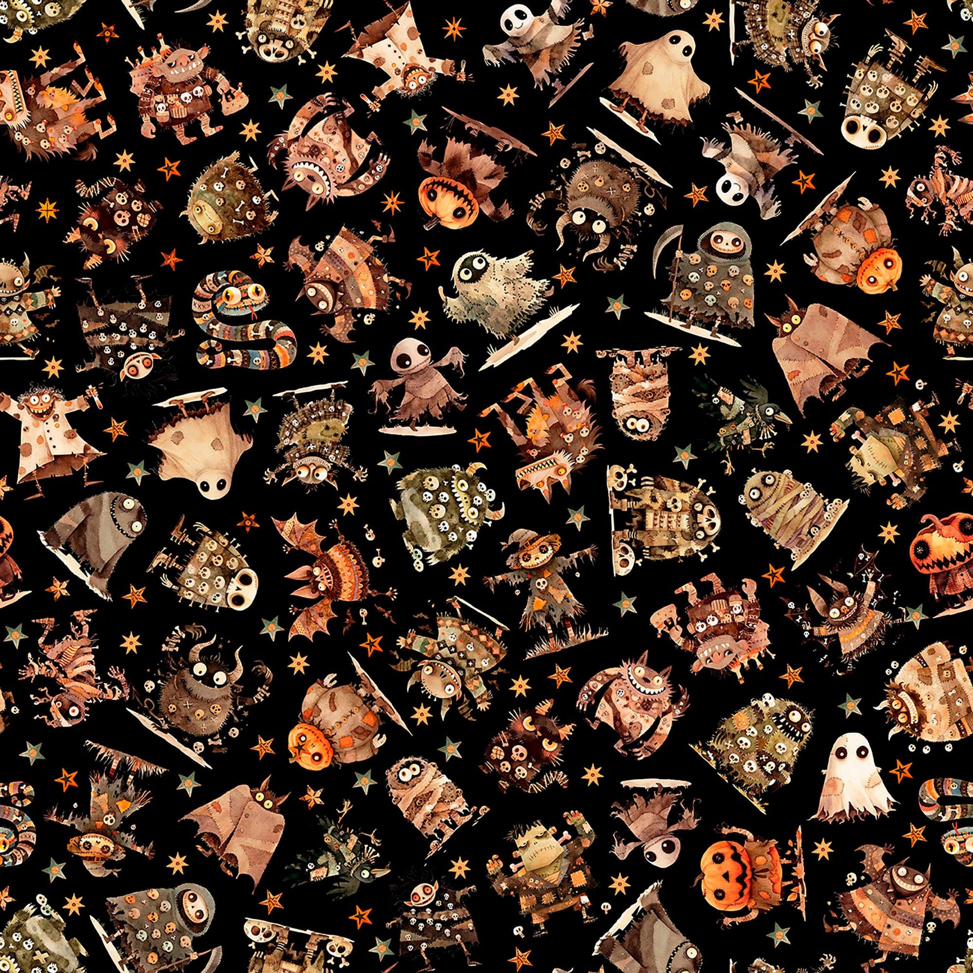 Image of A Haunting We Will Go Monster Toss Charcoal quilting cotton fabric by Morris Creative Group for QT Fabrics. Features halloween monsters on a black background. Cute Little Fabric Shop.