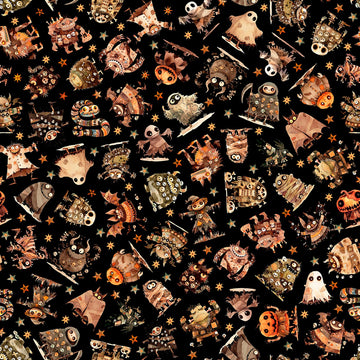 Image of A Haunting We Will Go Monster Toss Charcoal quilting cotton fabric by Morris Creative Group for QT Fabrics. Features halloween monsters on a black background. Cute Little Fabric Shop.