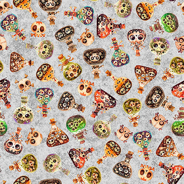 Image of A Haunting We Will Go Potions Gray quilting cotton fabric by Morris Creative Group for QT Fabrics. Features potions and skulls on a gray background. Cute Little Fabric Shop.
