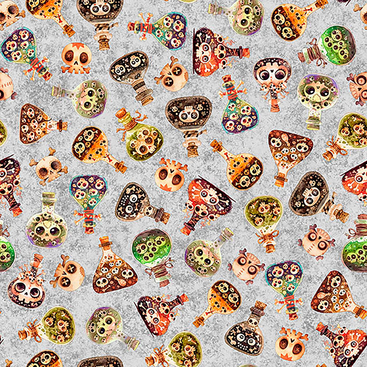 Image of A Haunting We Will Go Potions Gray quilting cotton fabric by Morris Creative Group for QT Fabrics. Features potions and skulls on a gray background. Cute Little Fabric Shop.