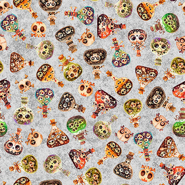 Image of A Haunting We Will Go Potions Gray quilting cotton fabric by Morris Creative Group for QT Fabrics. Features potions and skulls on a gray background. Cute Little Fabric Shop.