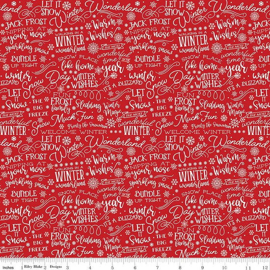 Image of A Perfect Winter Text Red quilting cotton fabric by Lori Whitlock for Riley Blake Designs. Features words on a red background. Cute Little Fabric Shop.