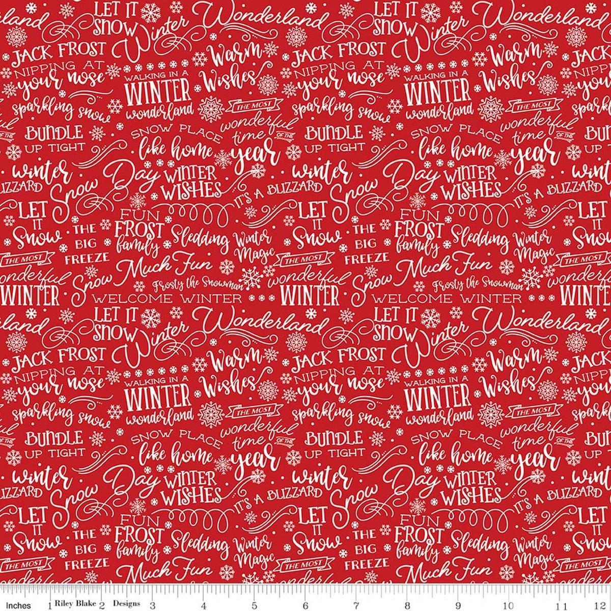 Image of A Perfect Winter Text Red quilting cotton fabric by Lori Whitlock for Riley Blake Designs. Features words on a red background. Cute Little Fabric Shop.