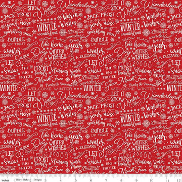 Image of A Perfect Winter Text Red quilting cotton fabric by Lori Whitlock for Riley Blake Designs. Features words on a red background. Cute Little Fabric Shop.
