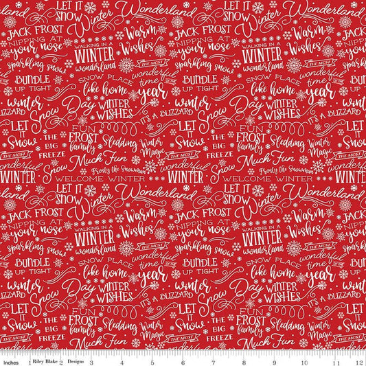 Image of A Perfect Winter Text Red quilting cotton fabric by Lori Whitlock for Riley Blake Designs. Features words on a red background. Cute Little Fabric Shop.