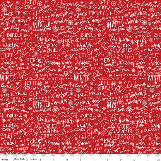 Image of A Perfect Winter Text Red quilting cotton fabric by Lori Whitlock for Riley Blake Designs. Features words on a red background. Cute Little Fabric Shop.