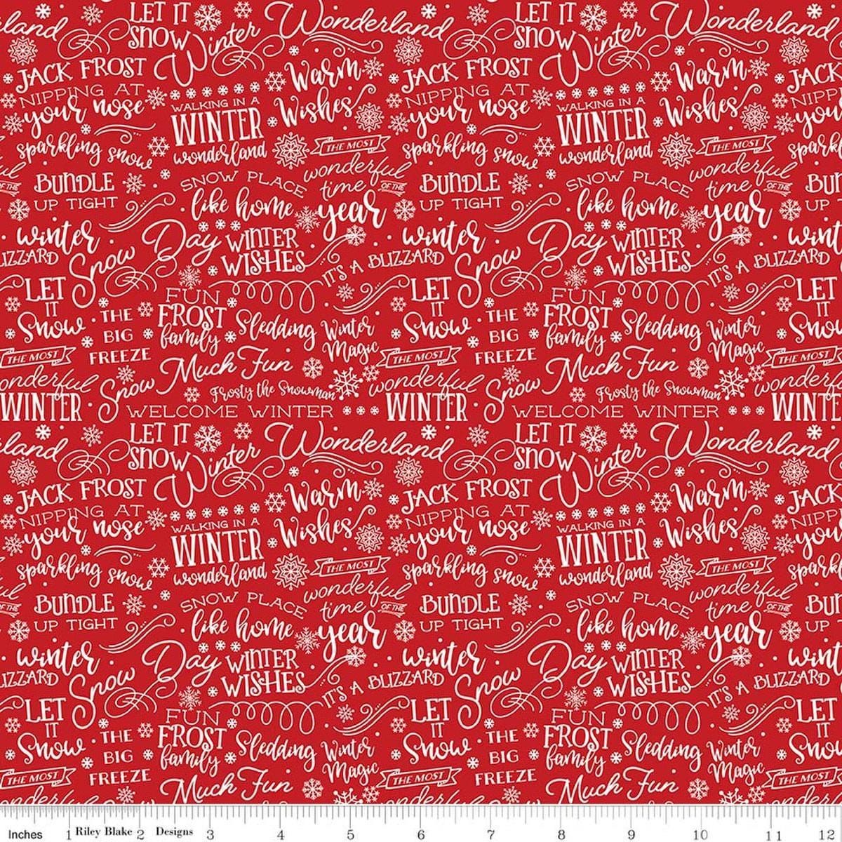 Image of A Perfect Winter Text Red quilting cotton fabric by Lori Whitlock for Riley Blake Designs. Features words on a red background. Cute Little Fabric Shop.
