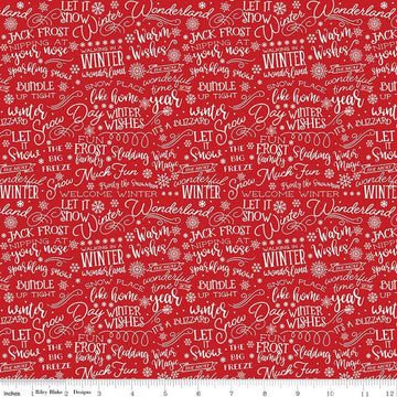 Image of A Perfect Winter Text Red quilting cotton fabric by Lori Whitlock for Riley Blake Designs. Features words on a red background. Cute Little Fabric Shop.