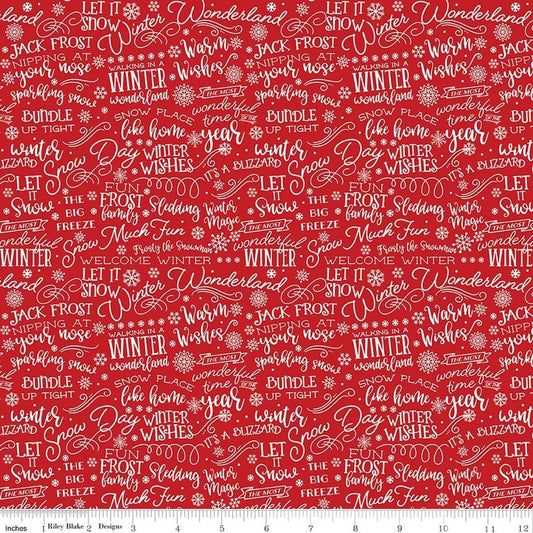 Image of A Perfect Winter Text Red quilting cotton fabric by Lori Whitlock for Riley Blake Designs. Features words on a red background. Cute Little Fabric Shop.