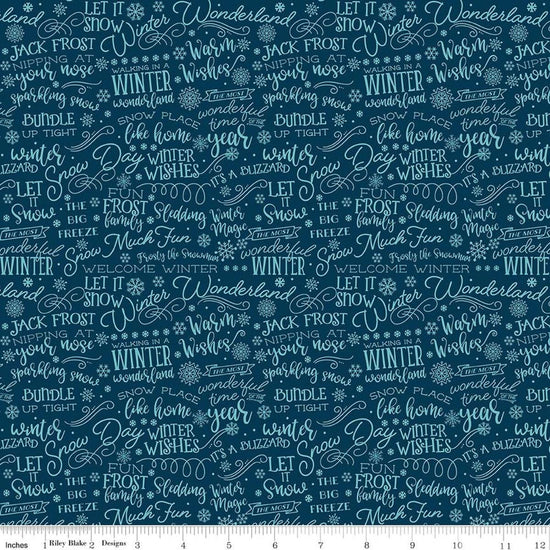 Image of A Perfect Winter Text Navy quilting cotton fabric by Lori Whitlock for Riley Blake Designs. Features words on a blue background. Cute Little Fabric Shop.