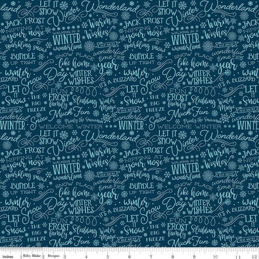 Image of A Perfect Winter Text Navy quilting cotton fabric by Lori Whitlock for Riley Blake Designs. Features words on a blue background. Cute Little Fabric Shop.