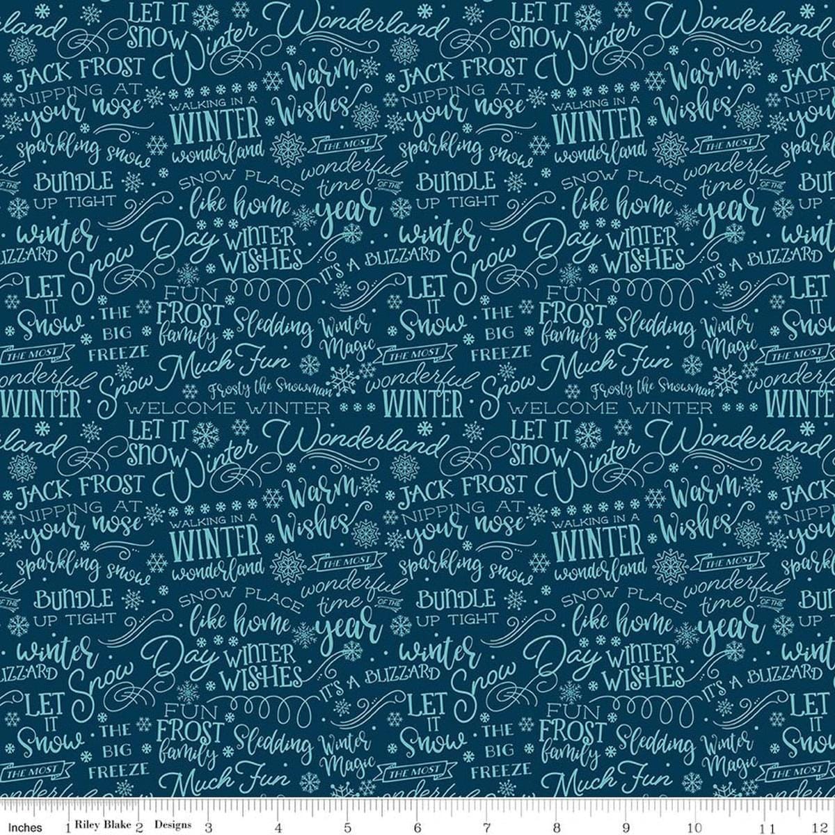 Image of A Perfect Winter Text Navy quilting cotton fabric by Lori Whitlock for Riley Blake Designs. Features words on a blue background. Cute Little Fabric Shop.