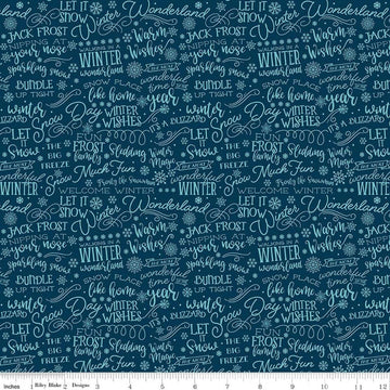 Image of A Perfect Winter Text Navy quilting cotton fabric by Lori Whitlock for Riley Blake Designs. Features words on a blue background. Cute Little Fabric Shop.