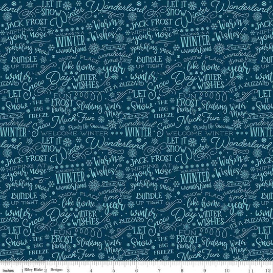 Image of A Perfect Winter Text Navy quilting cotton fabric by Lori Whitlock for Riley Blake Designs. Features words on a blue background. Cute Little Fabric Shop.