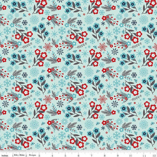 Image of A Perfect Winter Flowers Powder quilting cotton fabric by Lori Whitlock for Riley Blake Designs. Features flowers on a blue background. Cute Little Fabric Shop.