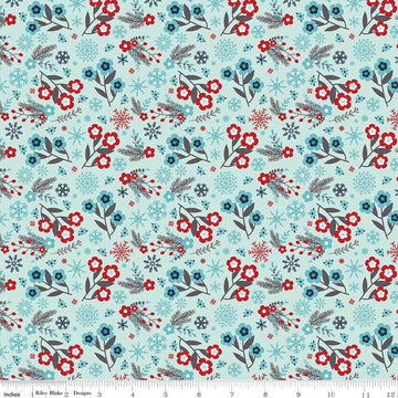 Image of A Perfect Winter Flowers Powder quilting cotton fabric by Lori Whitlock for Riley Blake Designs. Features flowers on a blue background. Cute Little Fabric Shop.