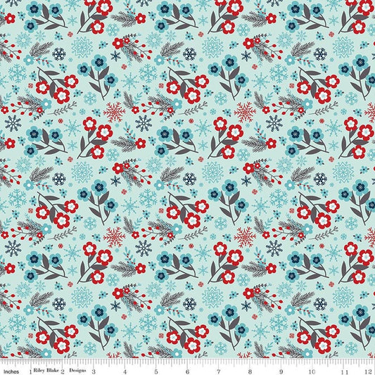 Image of A Perfect Winter Flowers Powder quilting cotton fabric by Lori Whitlock for Riley Blake Designs. Features flowers on a blue background. Cute Little Fabric Shop.