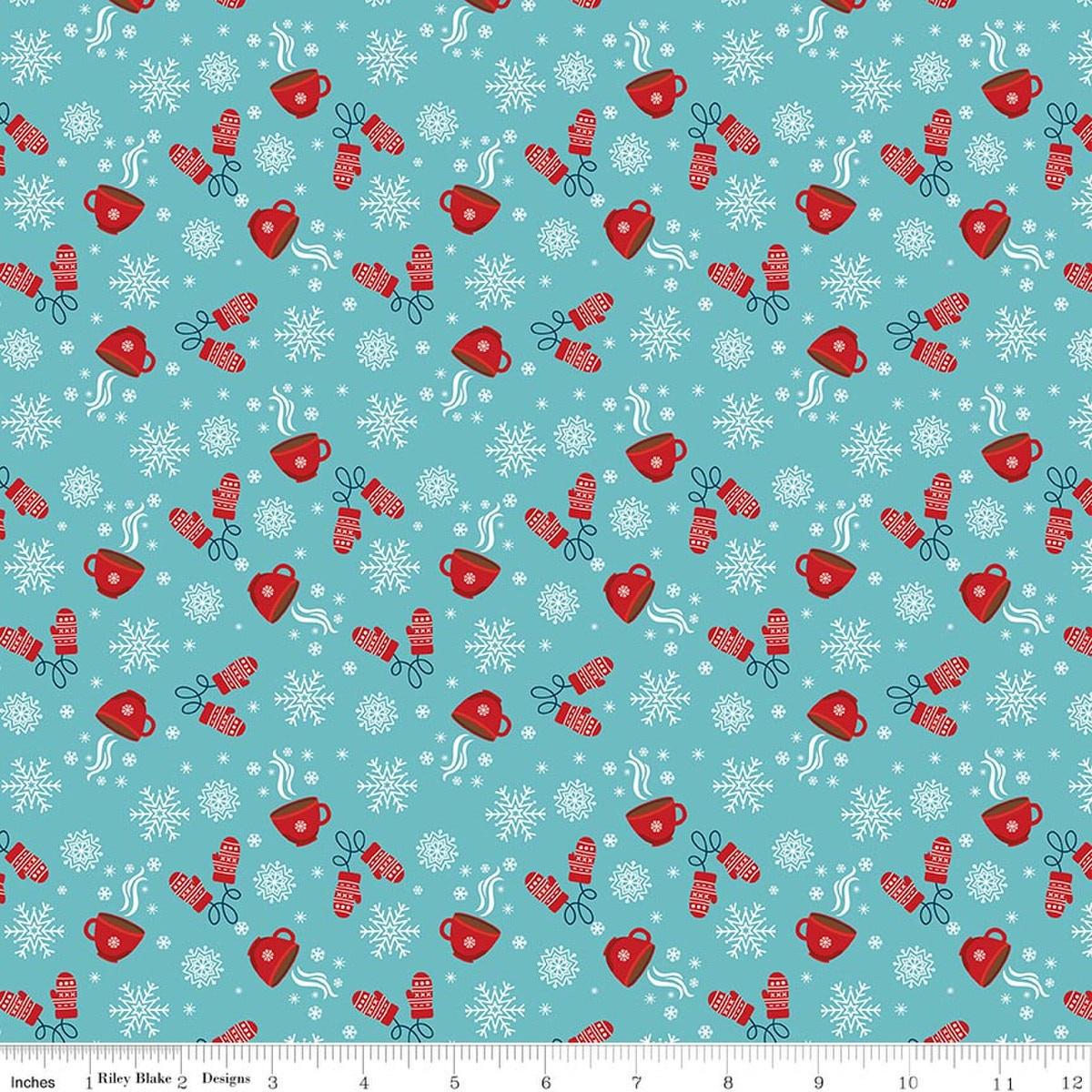 Image of A Perfect Winter Cocoa Blue quilting cotton fabric by Lori Whitlock for Riley Blake Designs. Features snowflakes, gloves, and mugs on a blue background. Cute Little Fabric Shop.