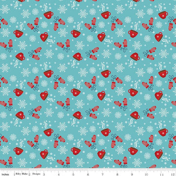 Image of A Perfect Winter Cocoa Blue quilting cotton fabric by Lori Whitlock for Riley Blake Designs. Features snowflakes, gloves, and mugs on a blue background. Cute Little Fabric Shop.