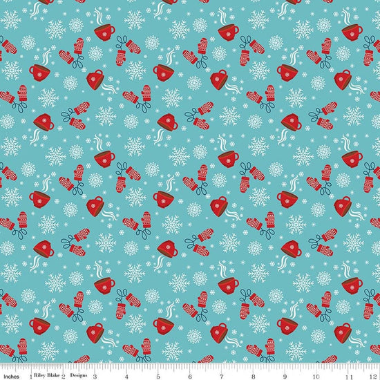 Image of A Perfect Winter Cocoa Blue quilting cotton fabric by Lori Whitlock for Riley Blake Designs. Features snowflakes, gloves, and mugs on a blue background. Cute Little Fabric Shop.