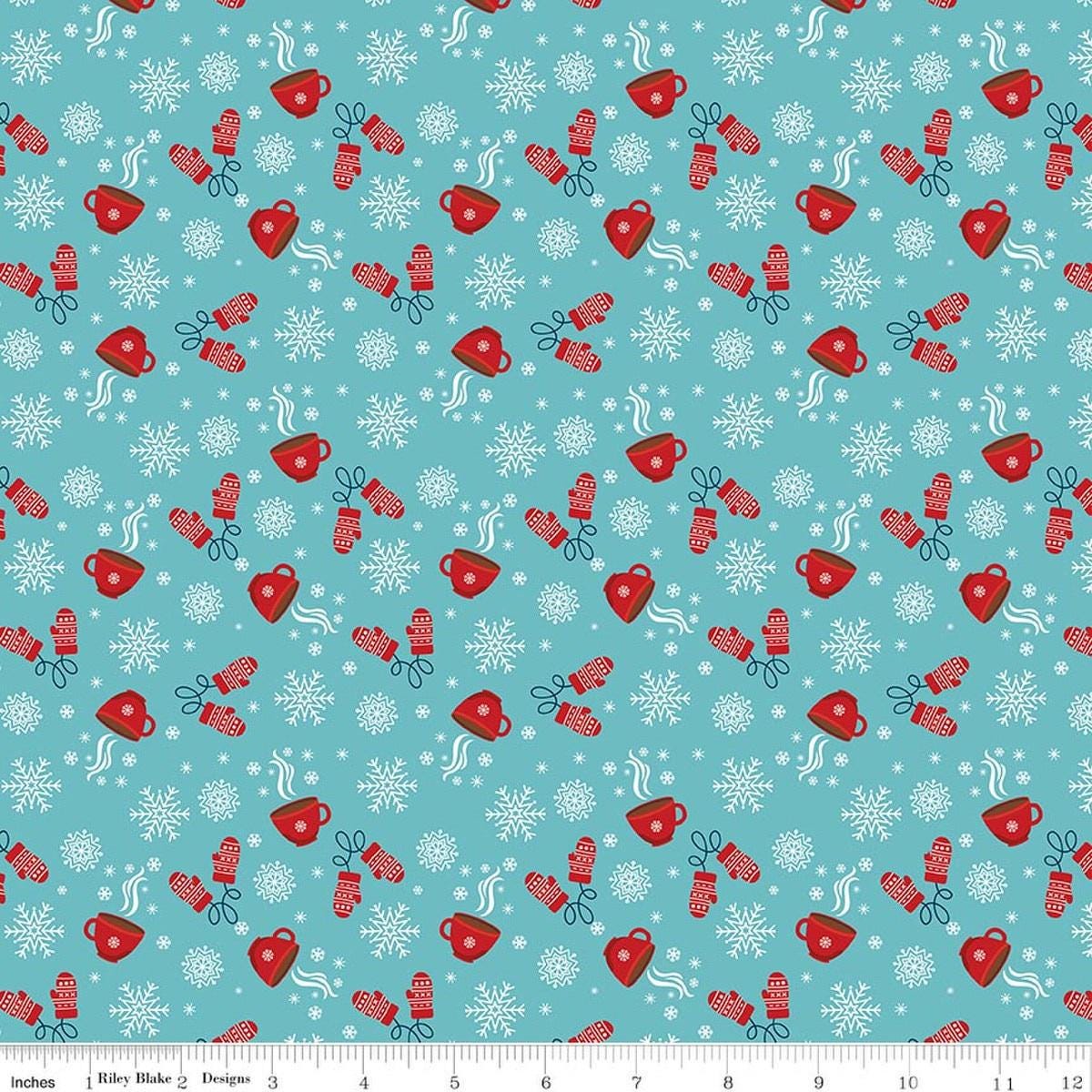 Image of A Perfect Winter Cocoa Blue quilting cotton fabric by Lori Whitlock for Riley Blake Designs. Features snowflakes, gloves, and mugs on a blue background. Cute Little Fabric Shop.