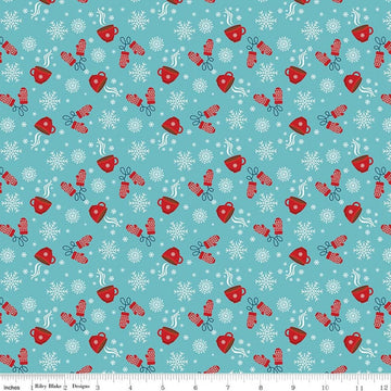 Image of A Perfect Winter Cocoa Blue quilting cotton fabric by Lori Whitlock for Riley Blake Designs. Features snowflakes, gloves, and mugs on a blue background. Cute Little Fabric Shop.