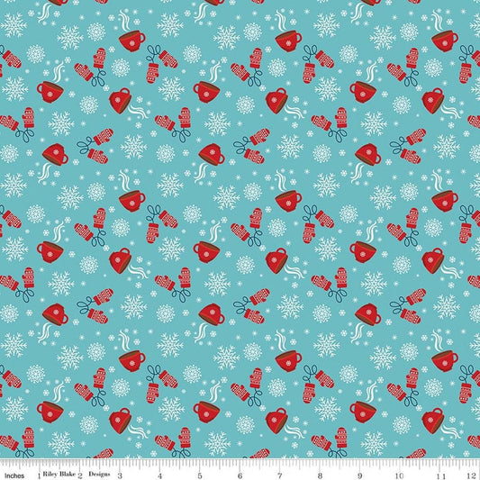 Image of A Perfect Winter Cocoa Blue quilting cotton fabric by Lori Whitlock for Riley Blake Designs. Features snowflakes, gloves, and mugs on a blue background. Cute Little Fabric Shop.