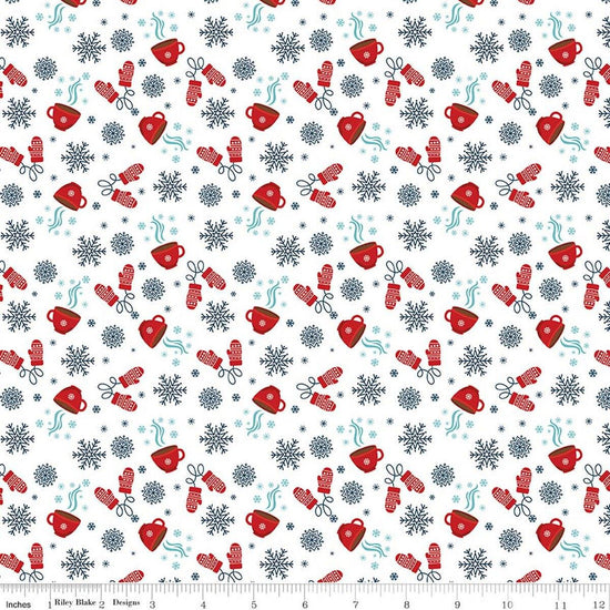 Image of A Perfect Winter Cocoa White quilting cotton fabric by Lori Whitlock for Riley Blake Designs. Features snowflakes, mugs, and gloves on a white background. Cute Little Fabric Shop.