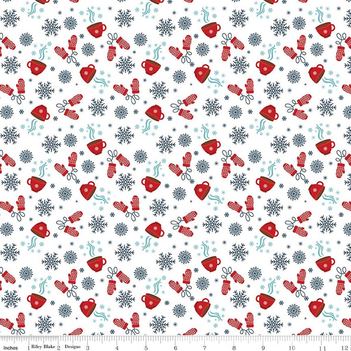 Image of A Perfect Winter Cocoa White quilting cotton fabric by Lori Whitlock for Riley Blake Designs. Features snowflakes, mugs, and gloves on a white background. Cute Little Fabric Shop.
