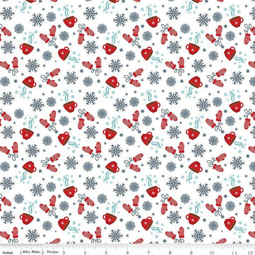 Image of A Perfect Winter Cocoa White quilting cotton fabric by Lori Whitlock for Riley Blake Designs. Features snowflakes, mugs, and gloves on a white background. Cute Little Fabric Shop.
